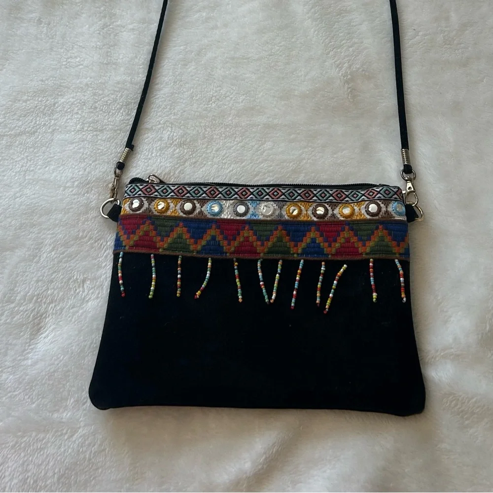 Boho Black Suede Crossbody Bag with Multicolor Beaded Trim - Picture 1 of 14